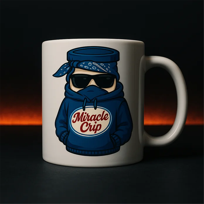 Weiße Tasse mit Comic-Motiv eines vermummten Charakters in blauem Hoodie mit dem Schriftzug Miracle Crip, vor dunklem Hintergrund mit roter Lichtkante.