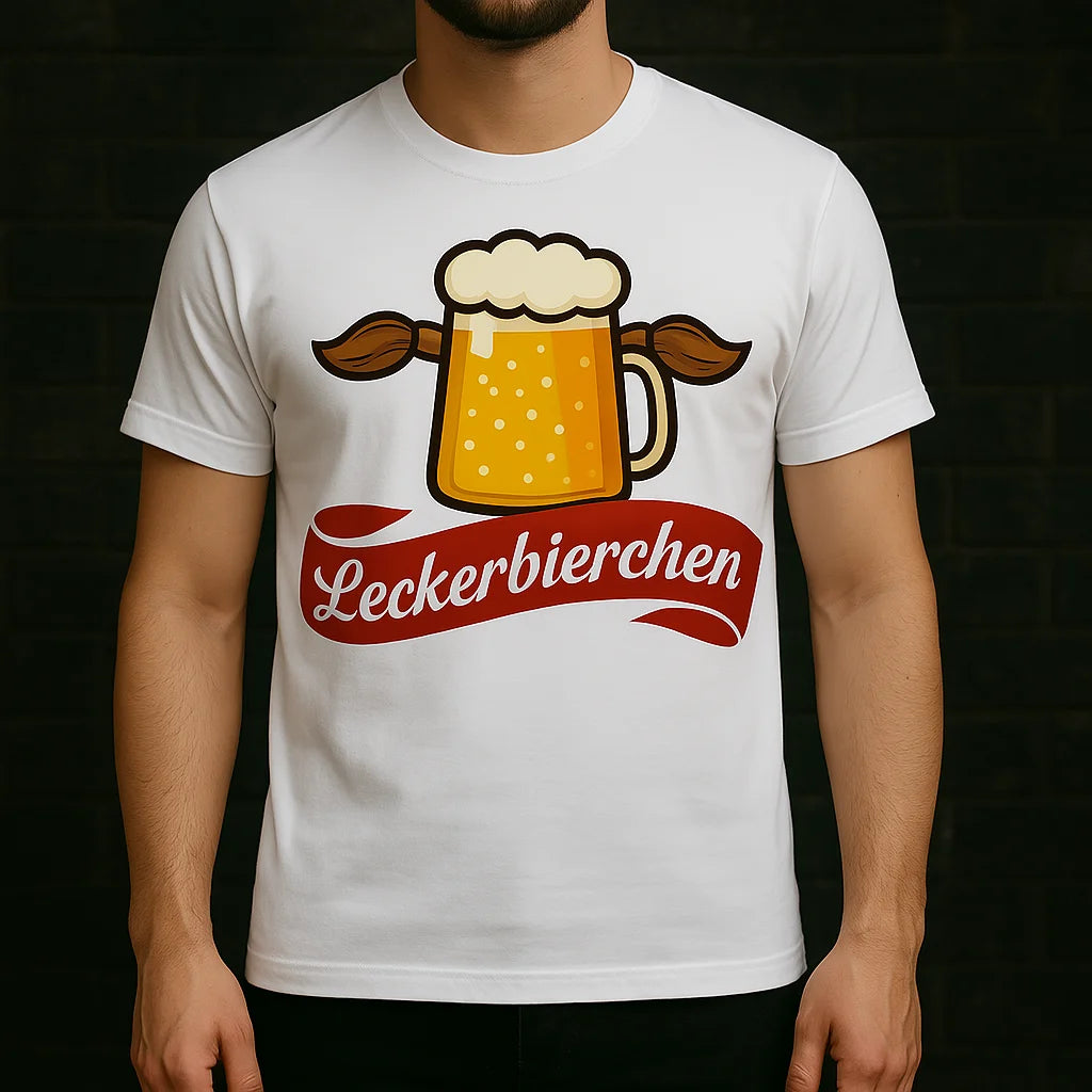 Humorvolles T-Shirt für Bierfans – Teil der Leckerbierchen Kollektion im Pixdesign Shop für Festivals, Grillabende und gute Laune