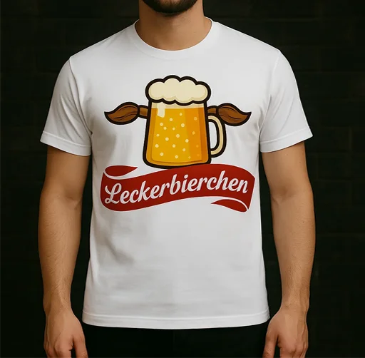 Humorvolles T-Shirt für Bierfans – Teil der Leckerbierchen Kollektion im Pixdesign Shop für Festivals, Grillabende und gute Laune