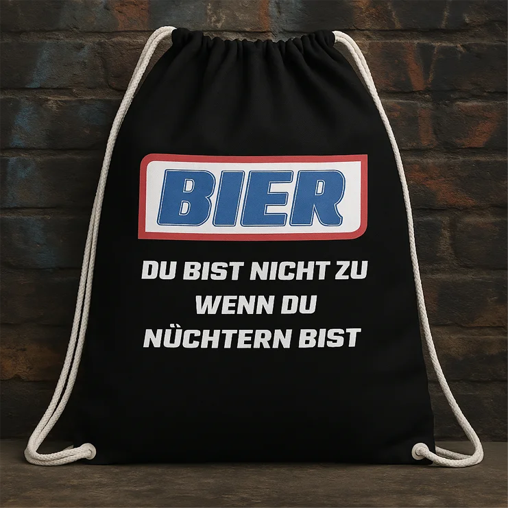 Schwarzer Turnbeutel mit frechem Bier-Spruch – witziges Accessoire für Festivals, Feiern und Bierliebhaber aus dem Pixdesign Shop