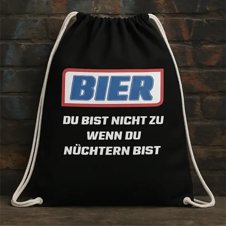 Schwarzer Turnbeutel mit frechem Bier-Spruch – witziges Accessoire für Festivals, Feiern und Bierliebhaber aus dem Pixdesign Shop