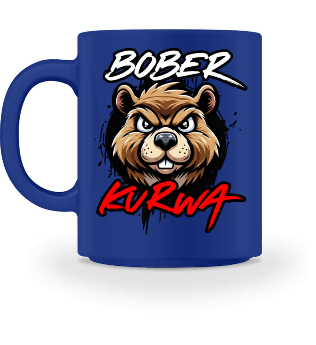 Bober Kurwa Keramikbecher – Viral Biber Mug with graphic design and blue handle.