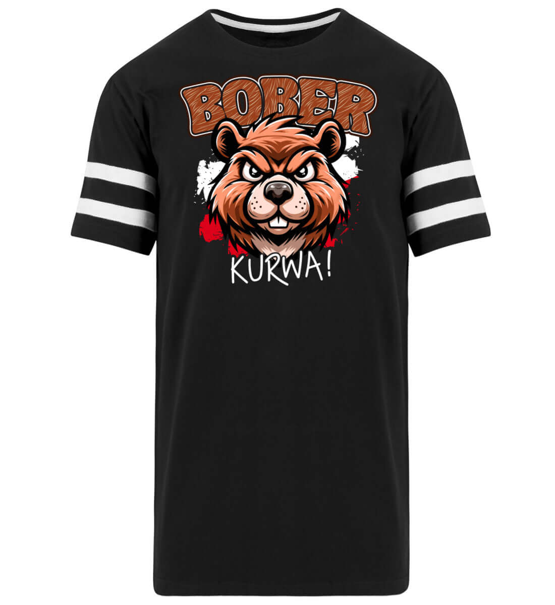 Bober Kurwa Long Shirt featuring a fierce bear graphic on a black background with white stripes.