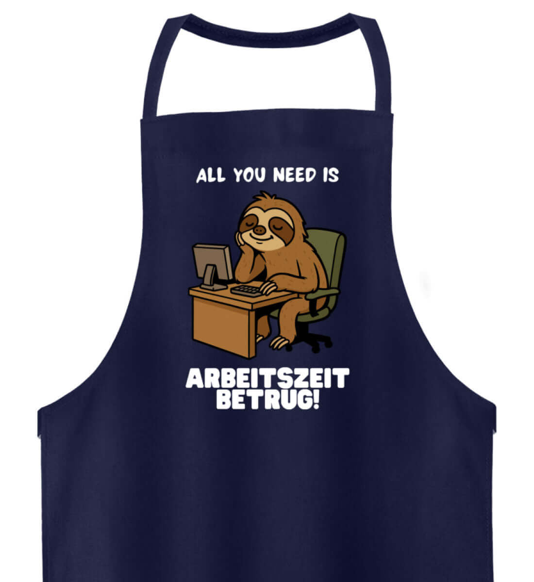 Dunkelblaue Grillschürze mit satirischem Büro-Faultier-Design

