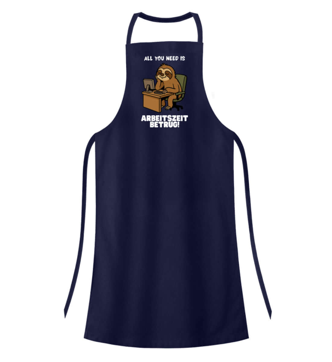 Rückansicht der navyfarbenen Schürze mit Faultier-Spruch

