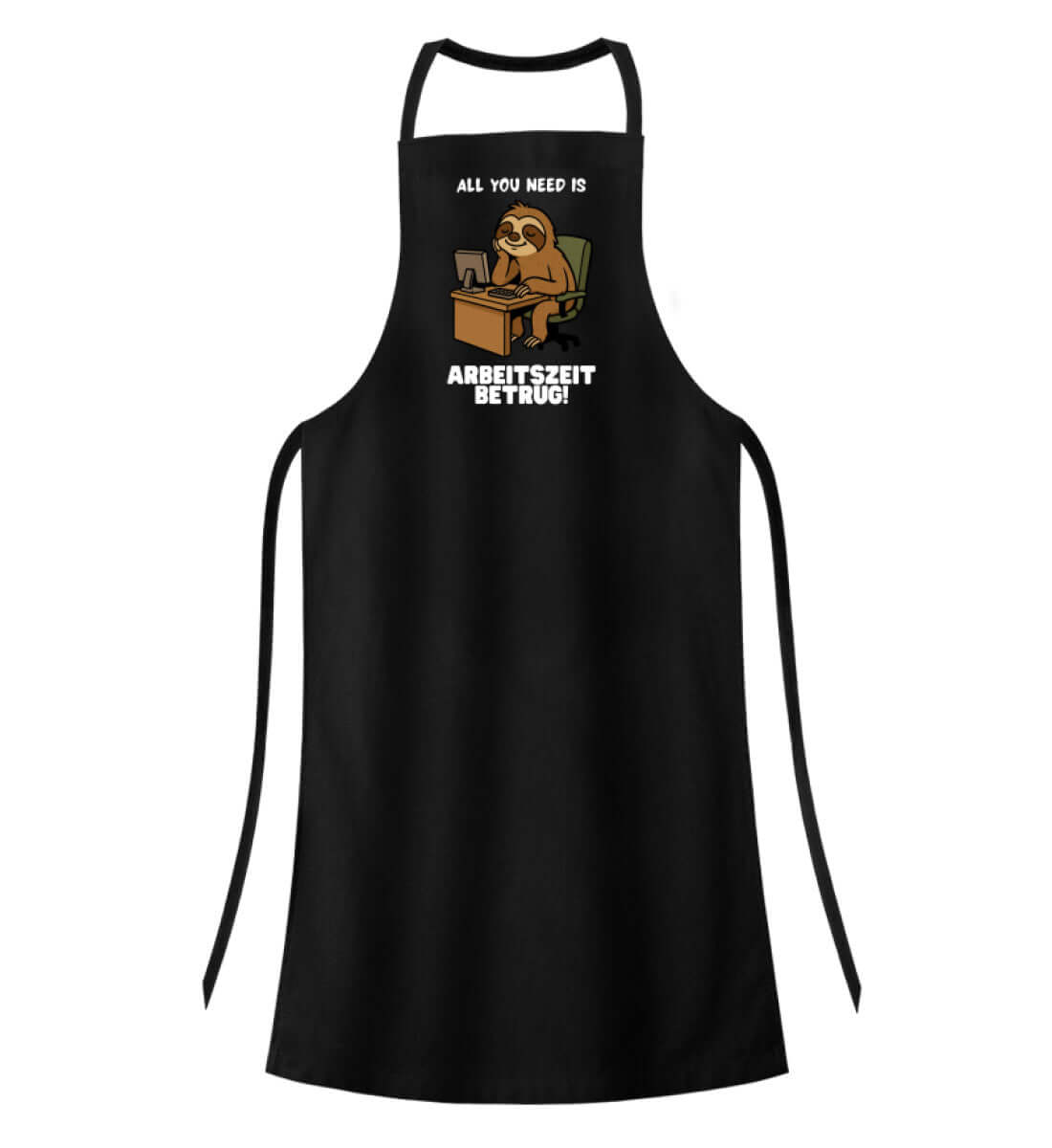 Rückansicht der schwarzen Schürze mit Arbeitszeitbetrug-Motiv

