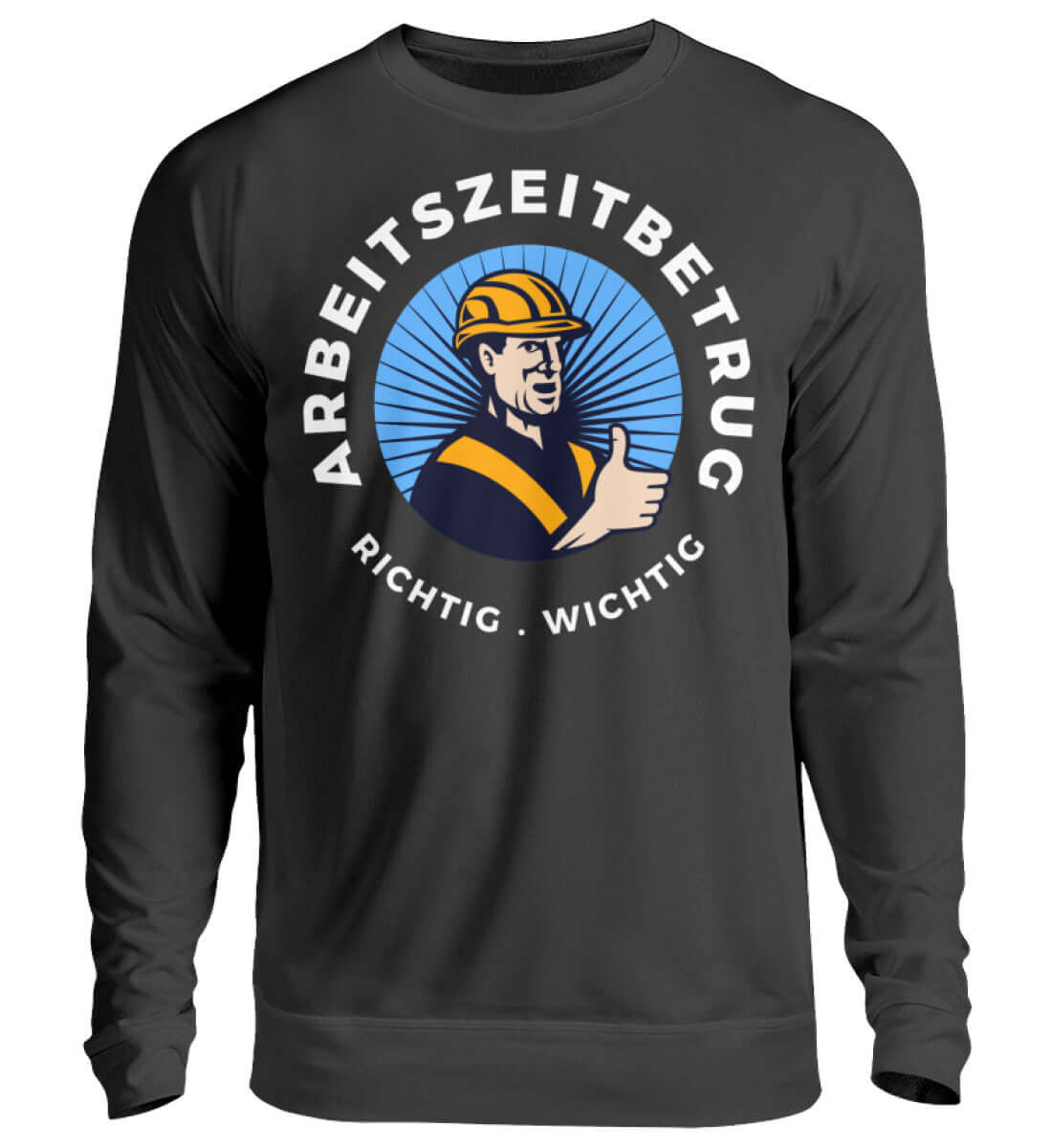 Sweatshirt in Anthrazit mit satirischem Arbeitszeitbetrug-Motiv

