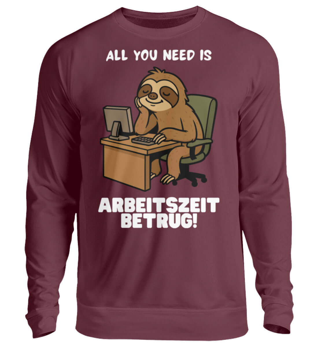 Bordeauxfarbenes Sweatshirt mit lustigem Faultier-Motiv für Büro-Humor

