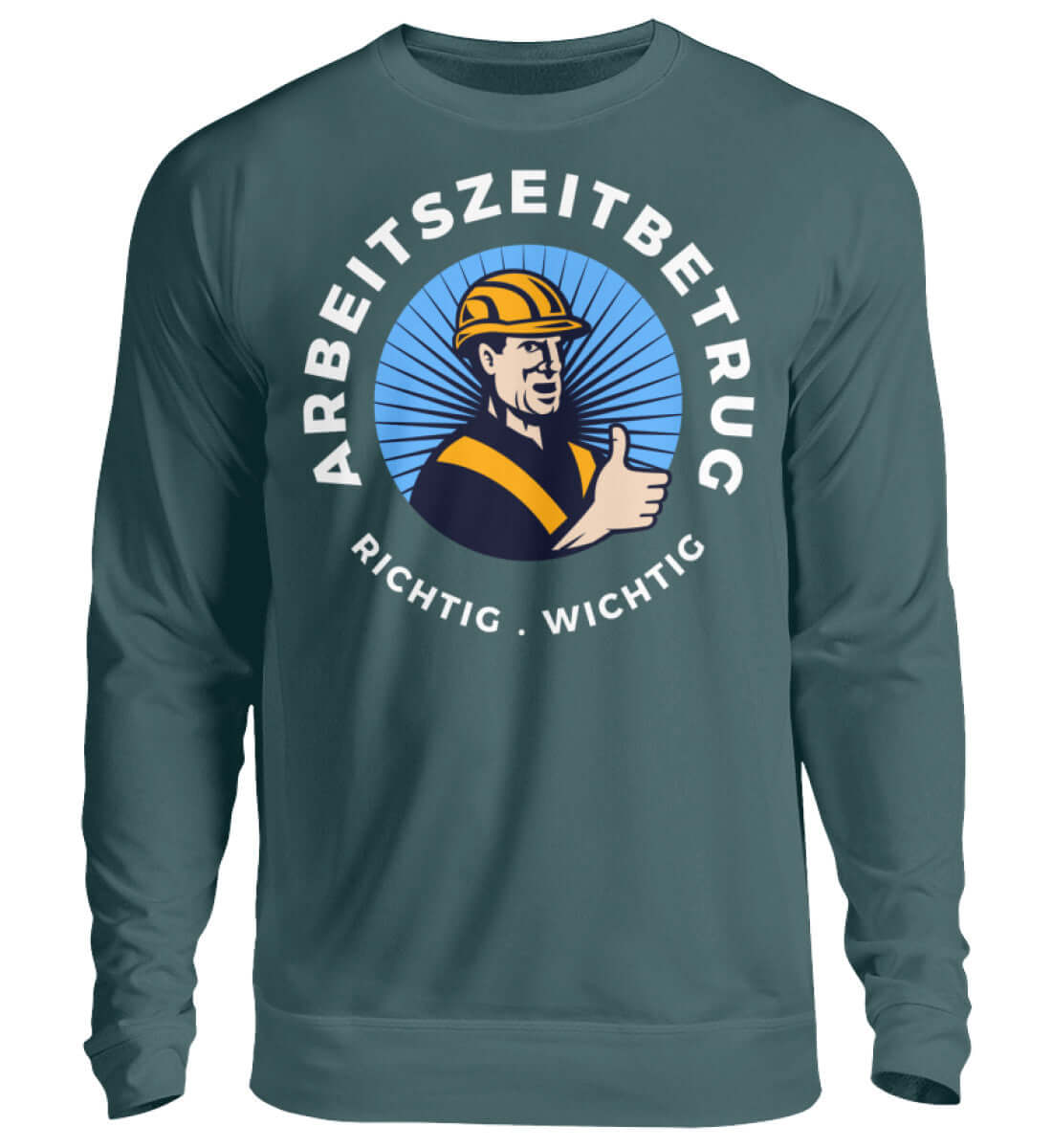 Petrolfarbener Pullover mit ikonischem Arbeitszeitbetrug-Design

