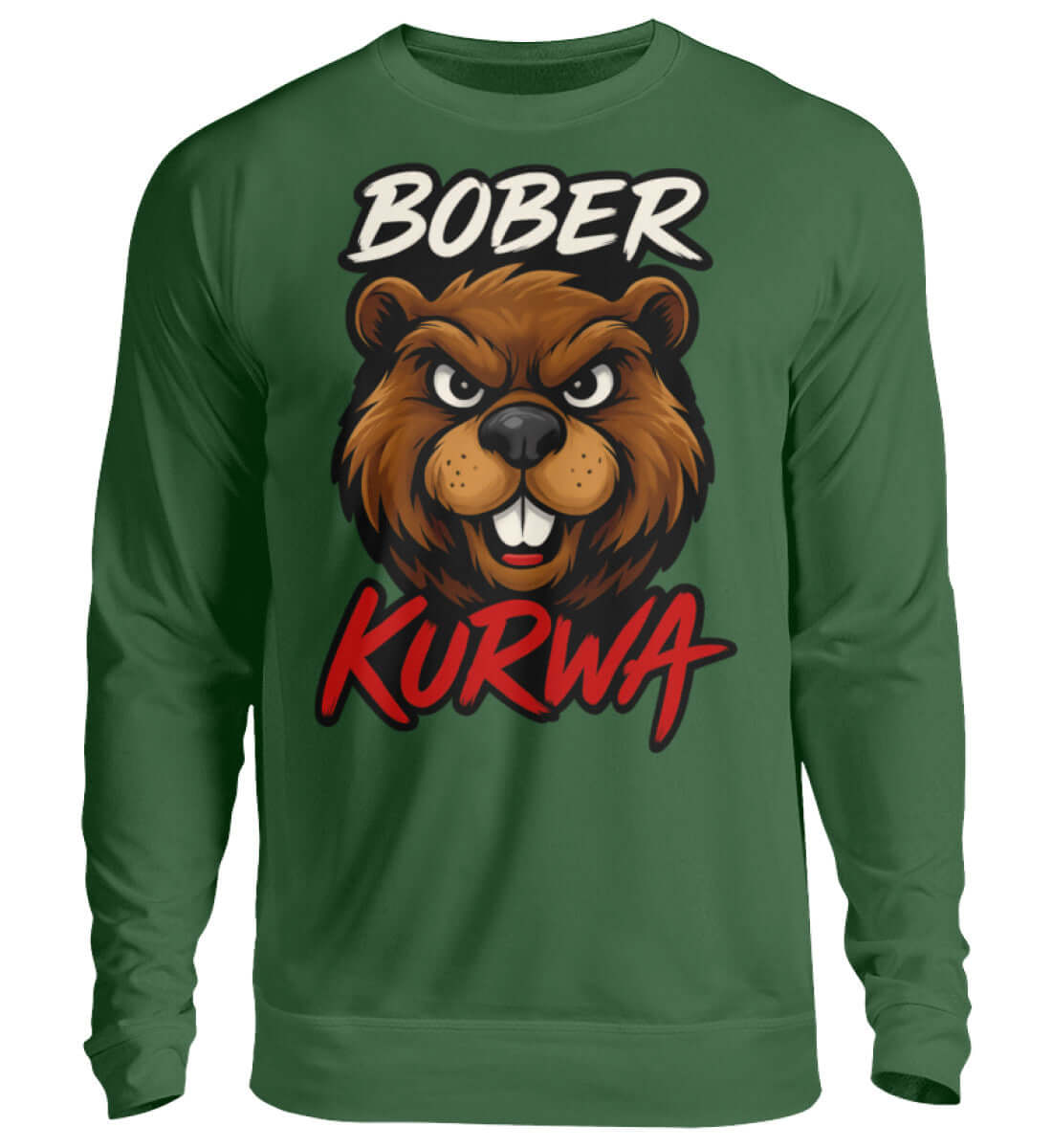 Grüner Sweater mit humorvollem Biber Print und polnischem Touch