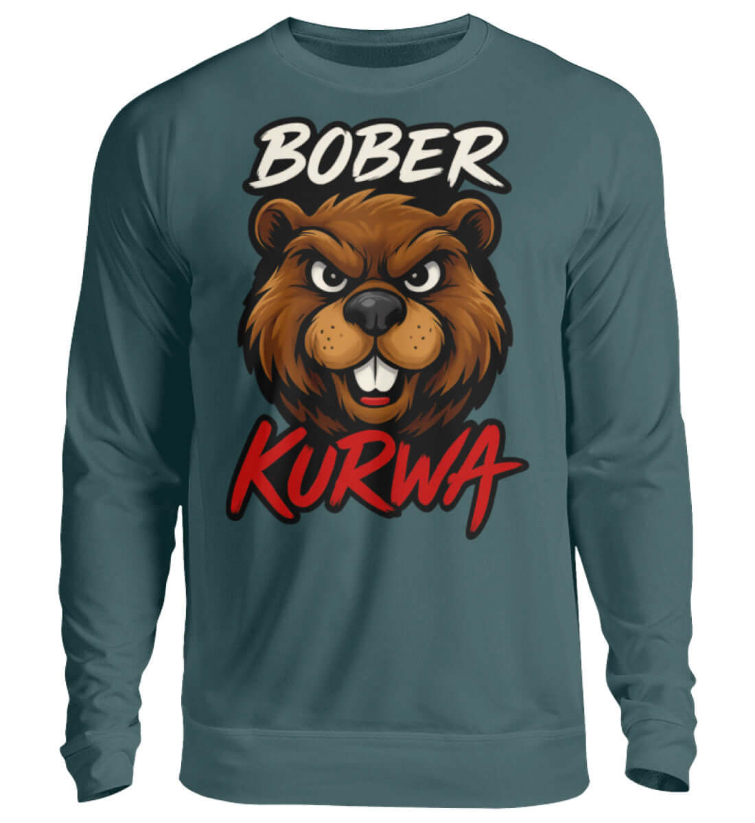 Petrolfarbener Sweatshirt mit Comic Biber und provokantem Kurwa Spruch