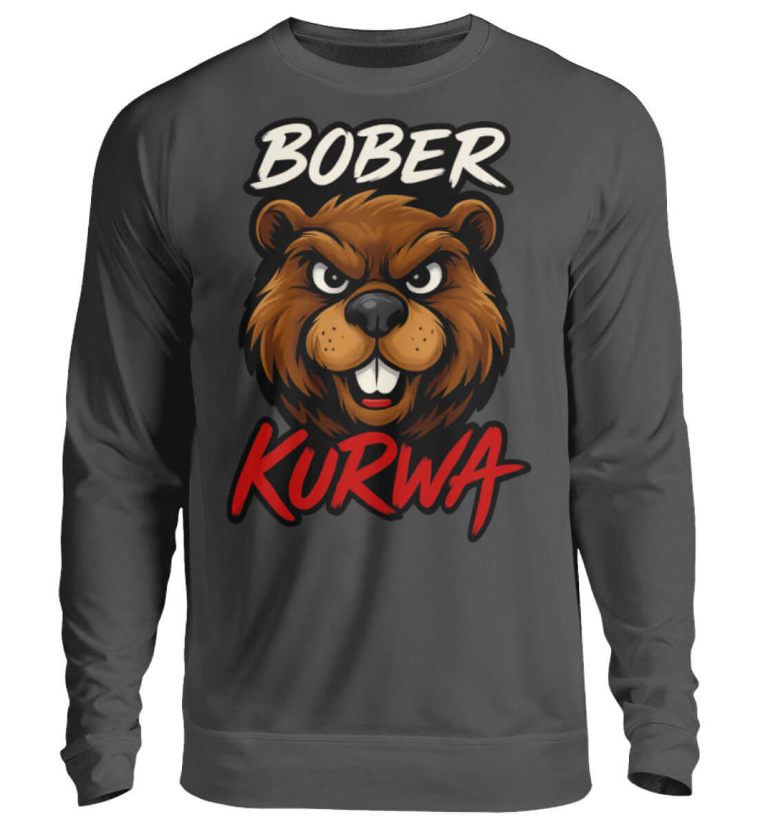 Schwarzer Pullover mit frechem Comic-Biber und polnischem Spruch Bober Kurwa