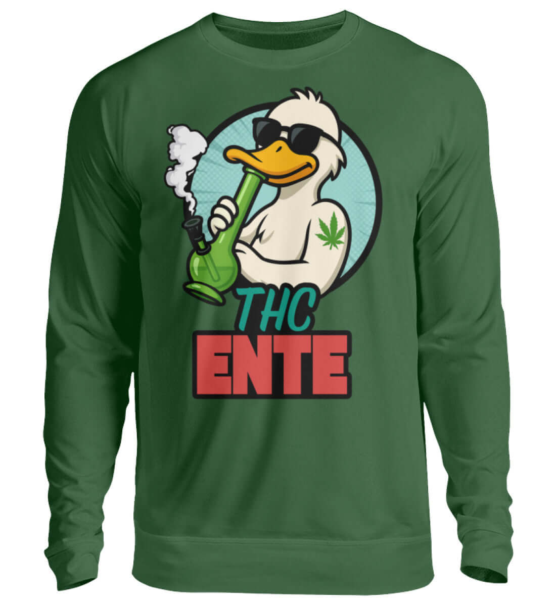 Dunkelgrüner Pullover mit chilliger Comic-Ente und THC Aufdruck

