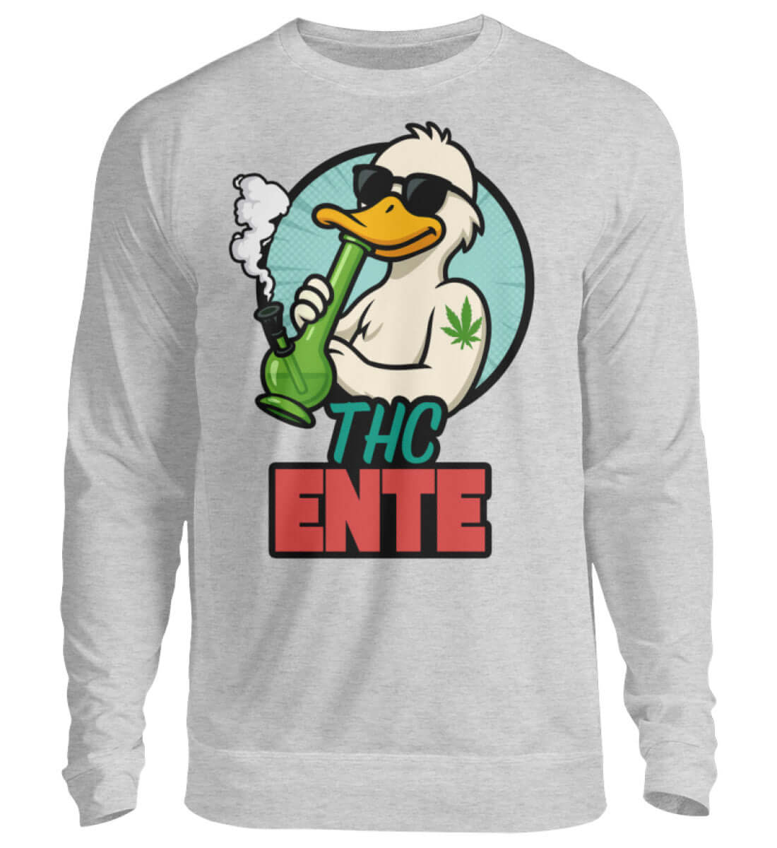 Hellgraues THC Ente Sweatshirt mit bekiffter Ente und Bong