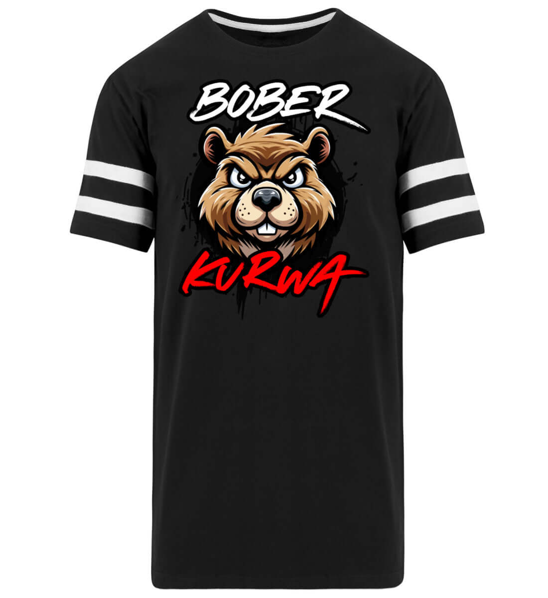 Bober Kurwa Striped Tee design featuring an angry beaver graphic on a black t-shirt with white stripes on the sleeves.