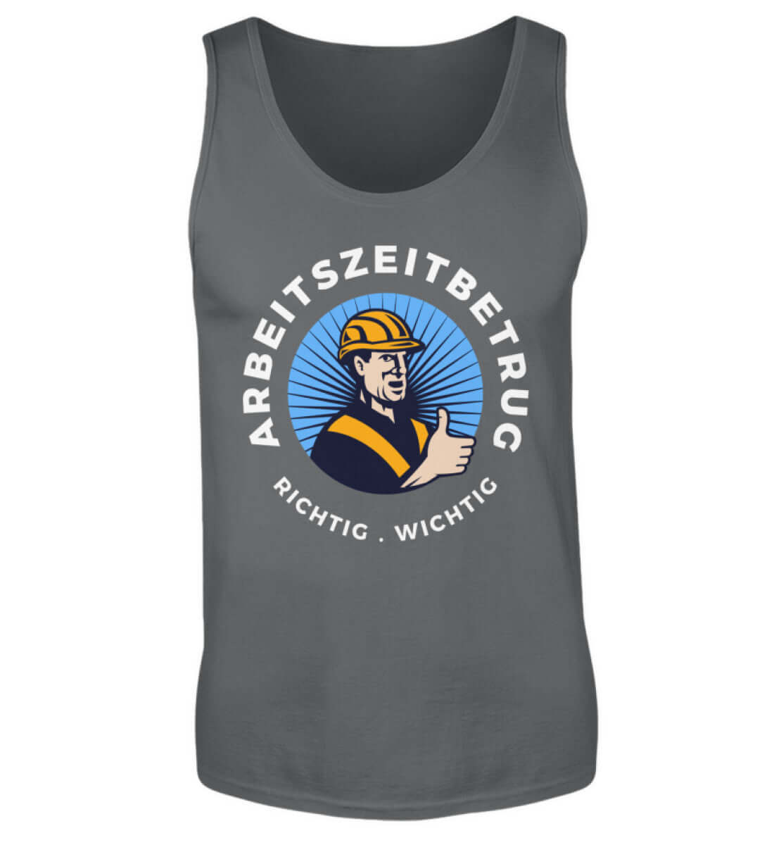 Anthrazitfarbenes Tanktop mit satirischem Arbeitszeitbetrug-Motiv

