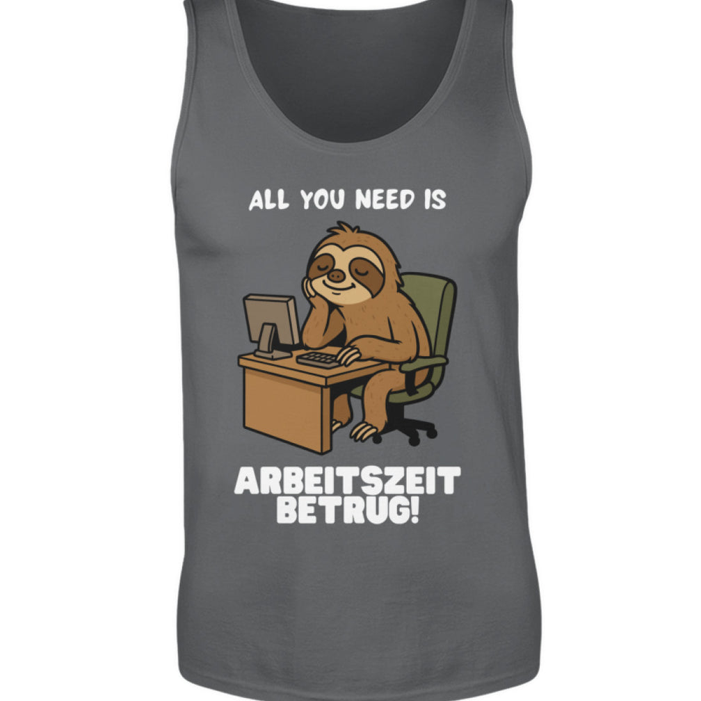 Graues Tanktop mit faulenzendem Faultier und dem Spruch Arbeitszeitbetrug

