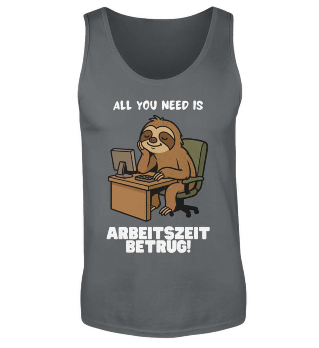 Graues Tanktop mit faulenzendem Faultier und dem Spruch Arbeitszeitbetrug

