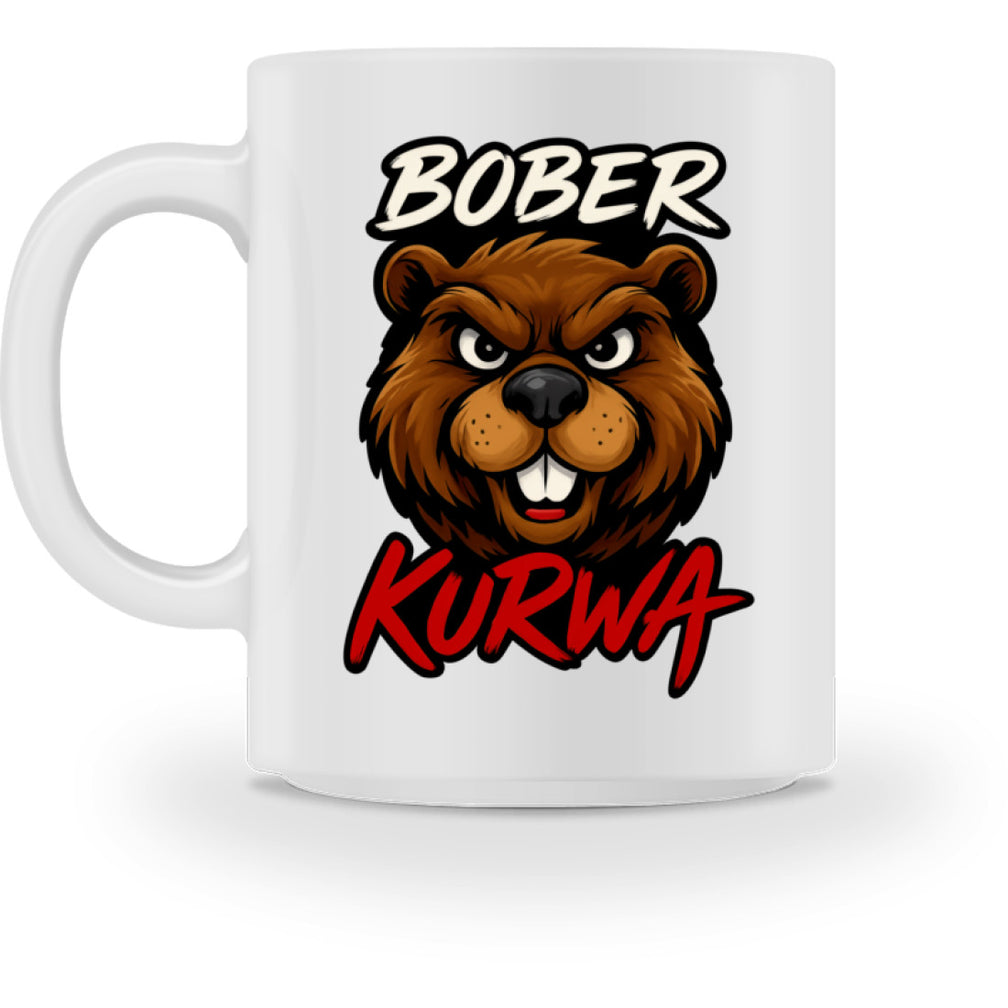 Weiße Kaffeetasse mit frechem Biber und dem Schriftzug Bober Kurwa