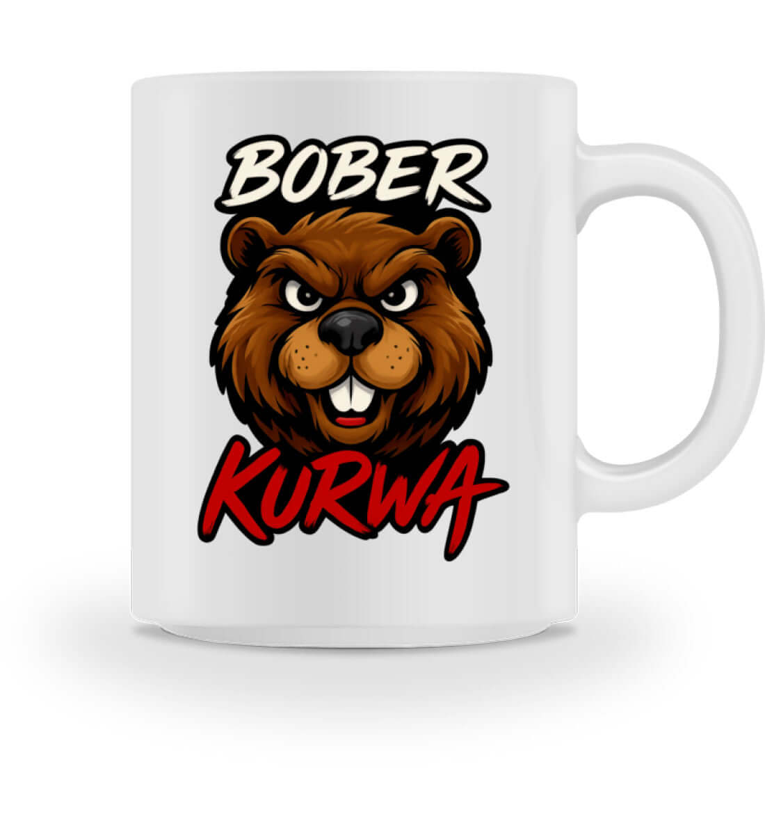 Seitenansicht der Tasse mit Bober Kurwa Biber Comic-Motiv