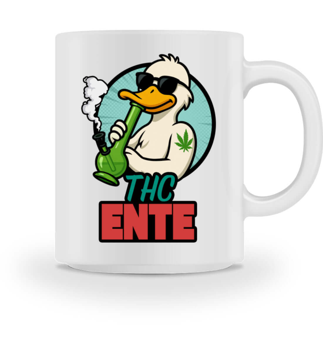 Seitenansicht der Tasse mit bekiffter Comic-Ente und Hanfblatt