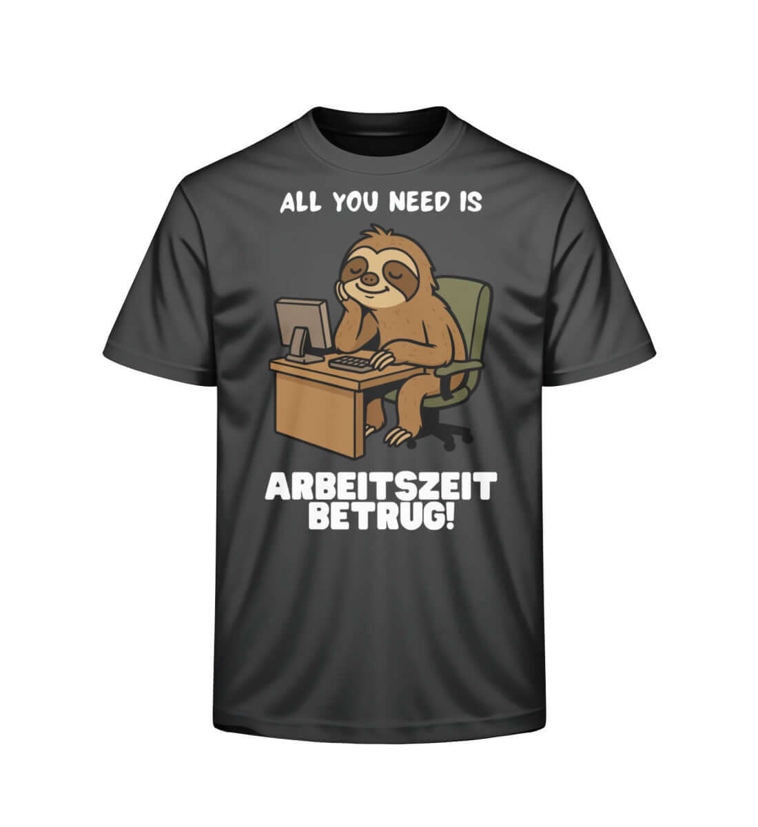 Anthrazitfarbenes T-Shirt mit gemütlichem Faultier-Design am Schreibtisch

