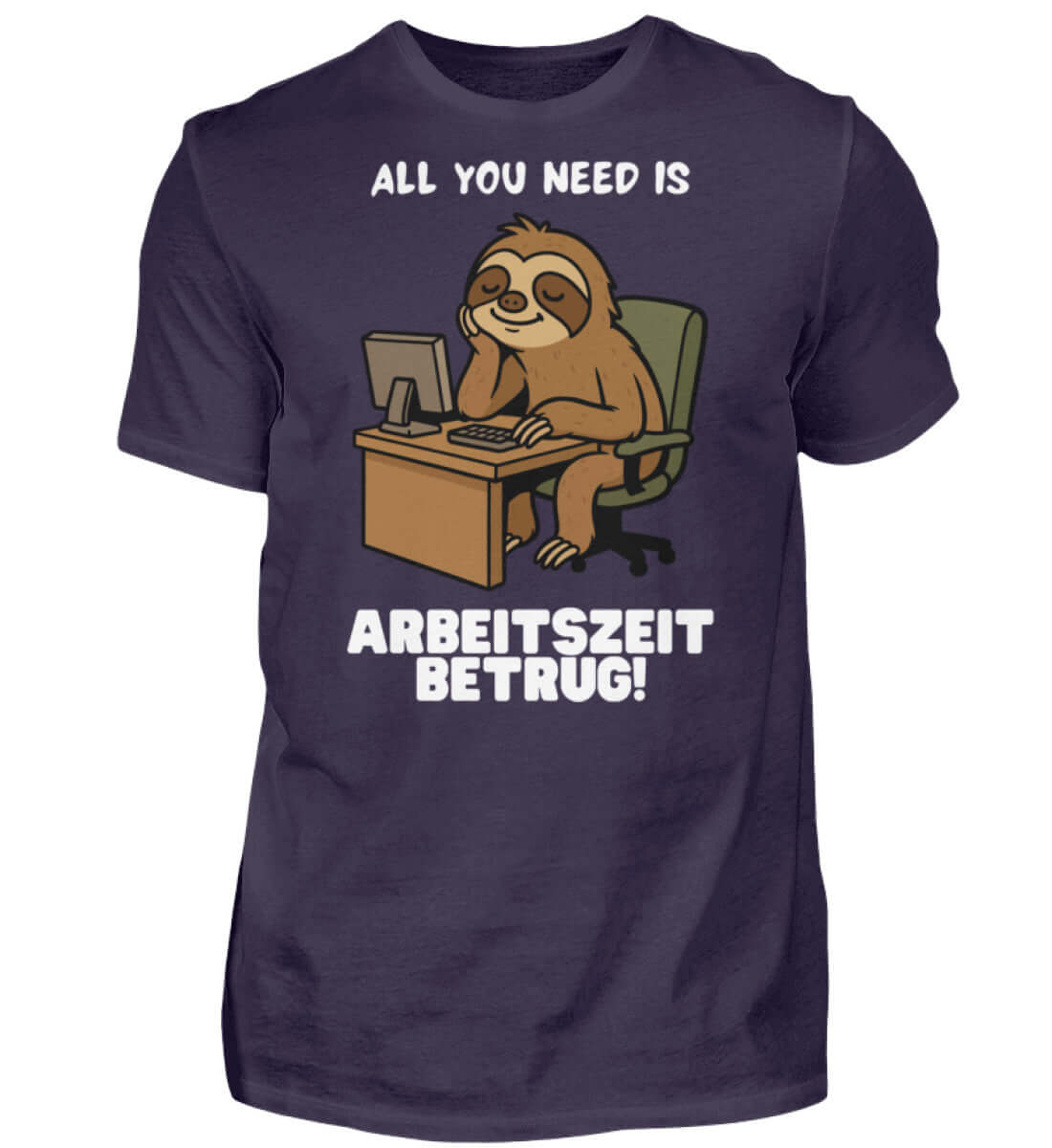 Lila T-Shirt mit Faultier am Schreibtisch und Arbeitszeitbetrug-Spruch

