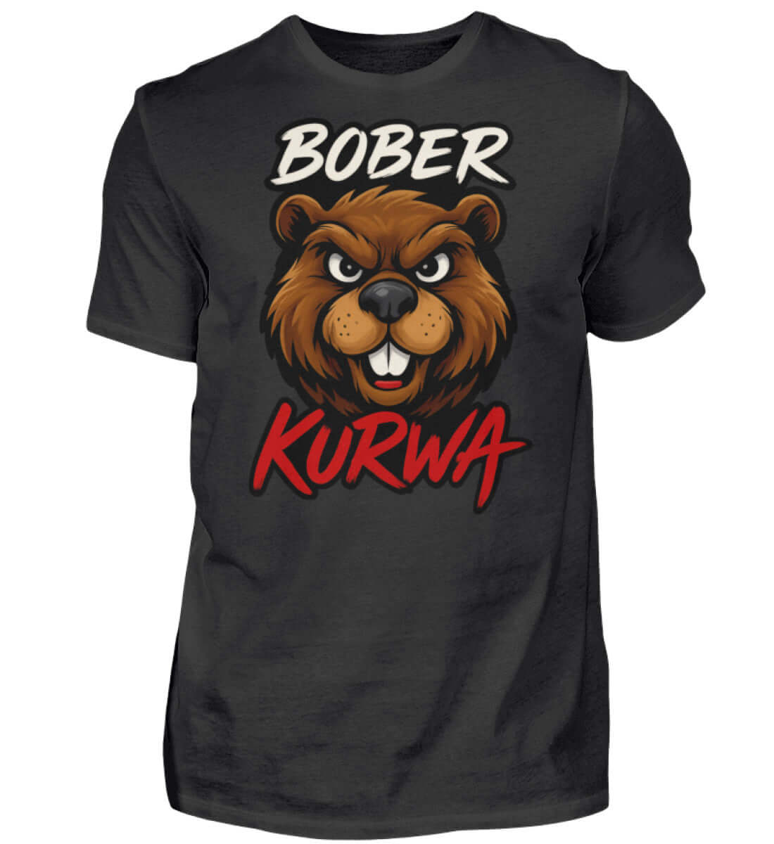 Schwarzes T-Shirt mit grimmigem Biber und dem Schriftzug Bober Kurwa in Weiß und Rot