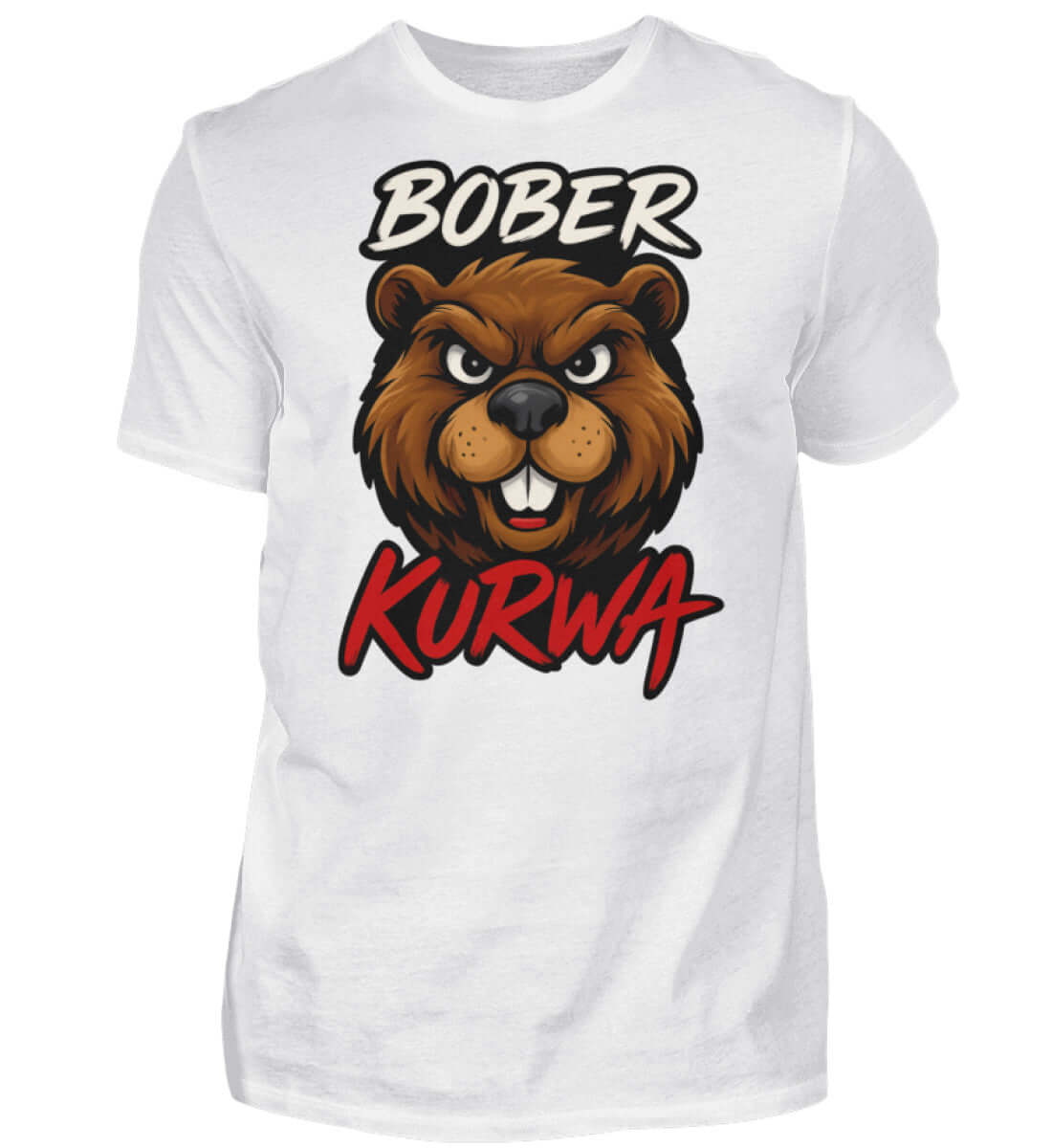 Bober Kurwa Tee featuring an animated bear graphic on a white t-shirt, 100% premium cotton design.