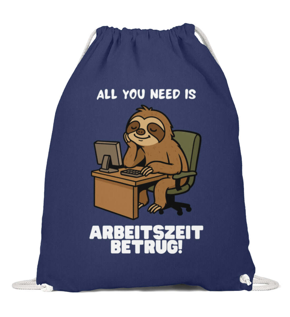 Navyfarbener Gymbag mit lustigem Faultiermotiv und Bürohumor

