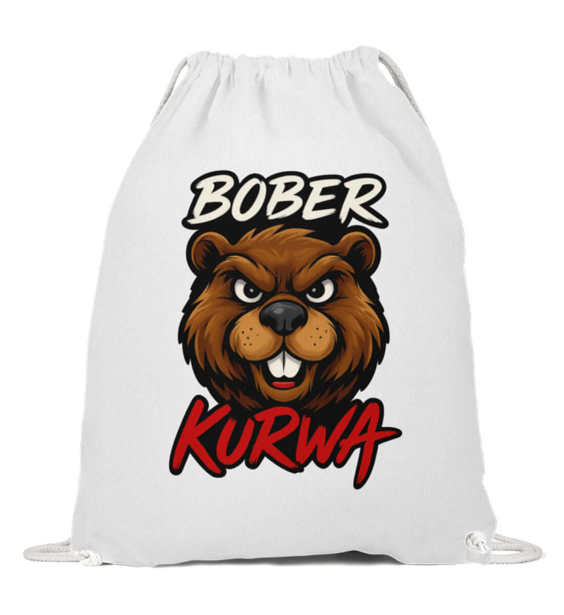 Weißer Gymbag mit Bober Kurwa Druck für Fans von polnischem Humor
