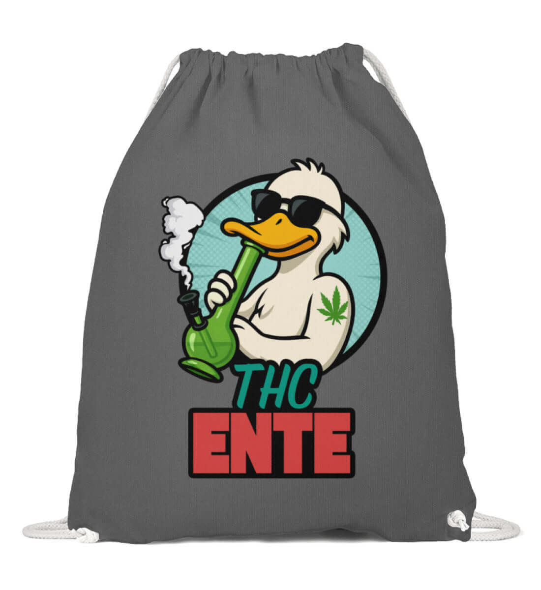 Dunkelgrauer Gymbag mit frecher Marihuana-Ente im Comiclook