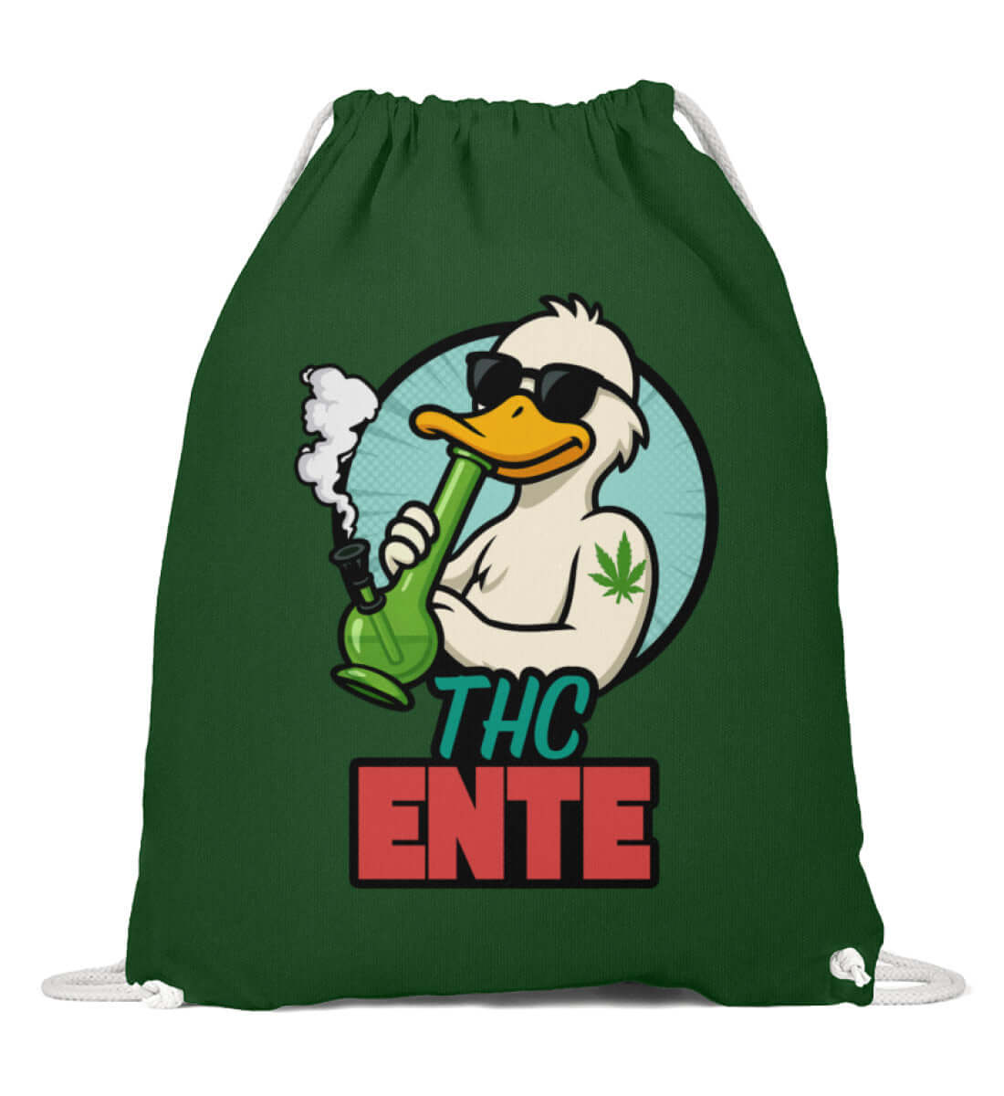 Grüner Gymbag mit stoned Ente und Hanfblatt im lustigen Design