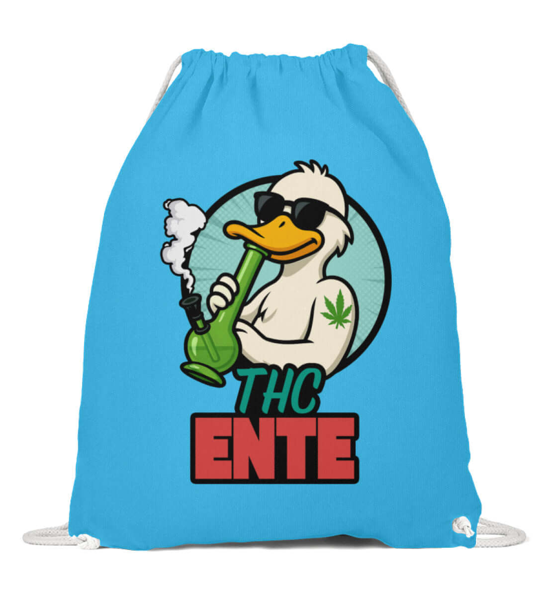 Hellblauer Beutel mit THC Ente und Joint-Motiv für Freizeit oder Festival