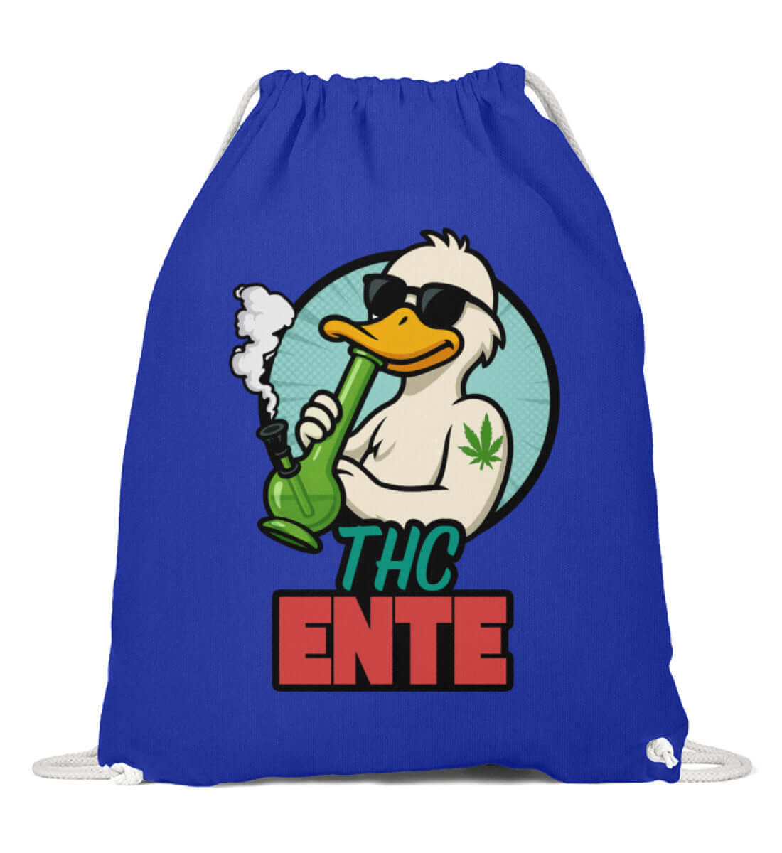 Royalblauer Turnbeutel mit witzigem Enten-Print und Cannabis-Vibes