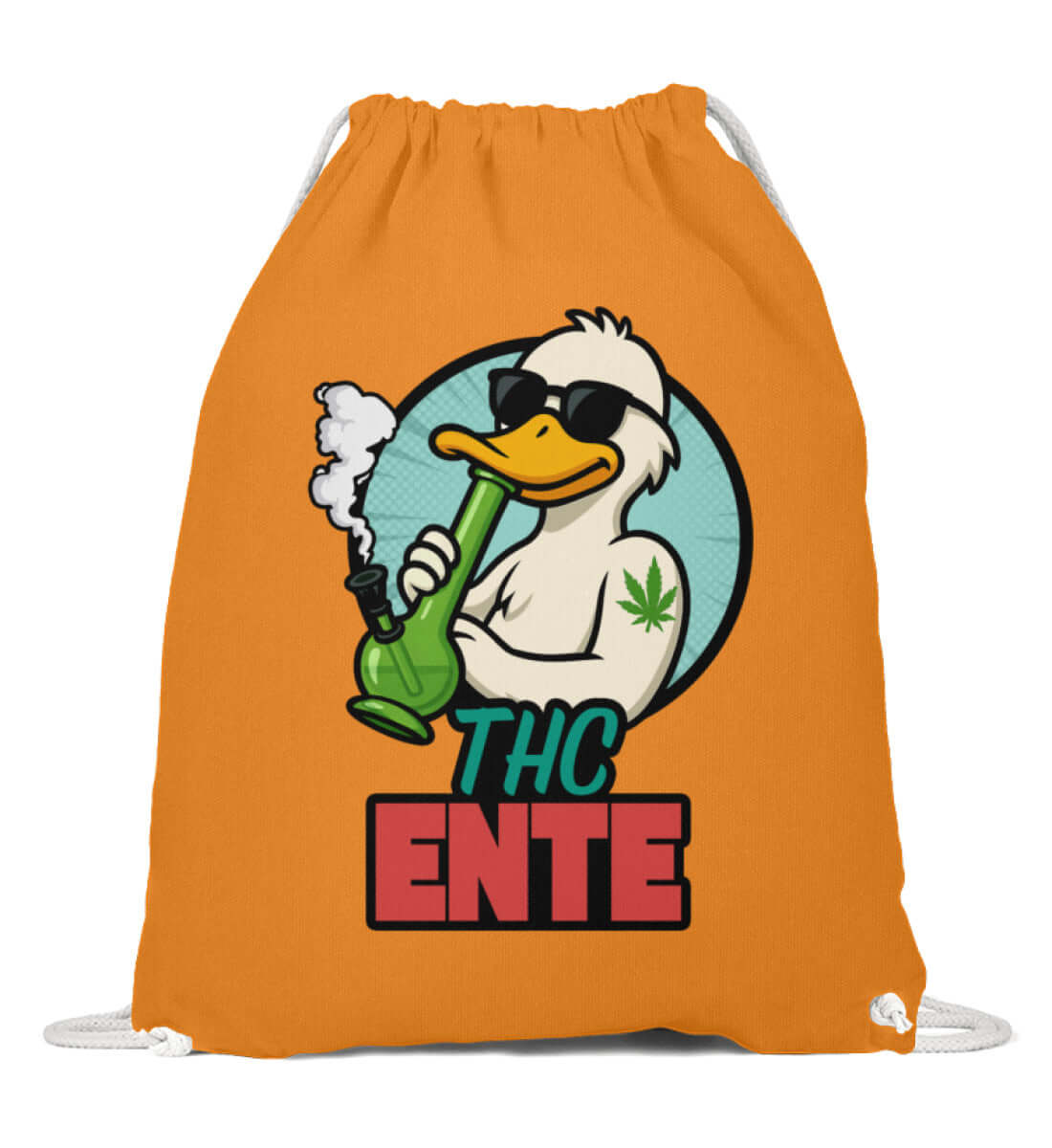 Orangefarbener Sportbeutel mit chillender Ente und Joint