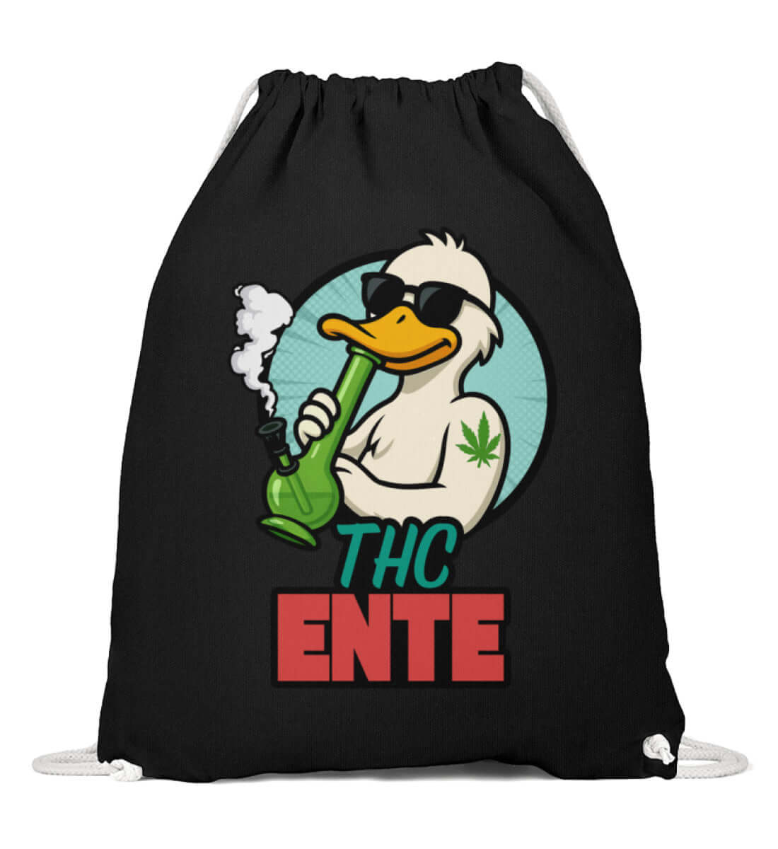 Schwarzer Turnbeutel mit bekiffter THC Ente im Cartoonstil