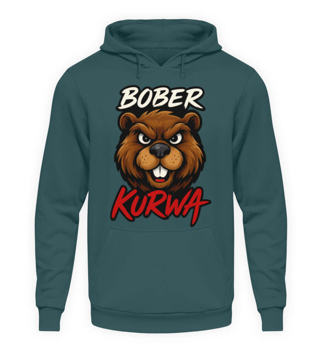 Petrolfarbener Hoodie mit Bober Kurwa Design und starkem Motivprint