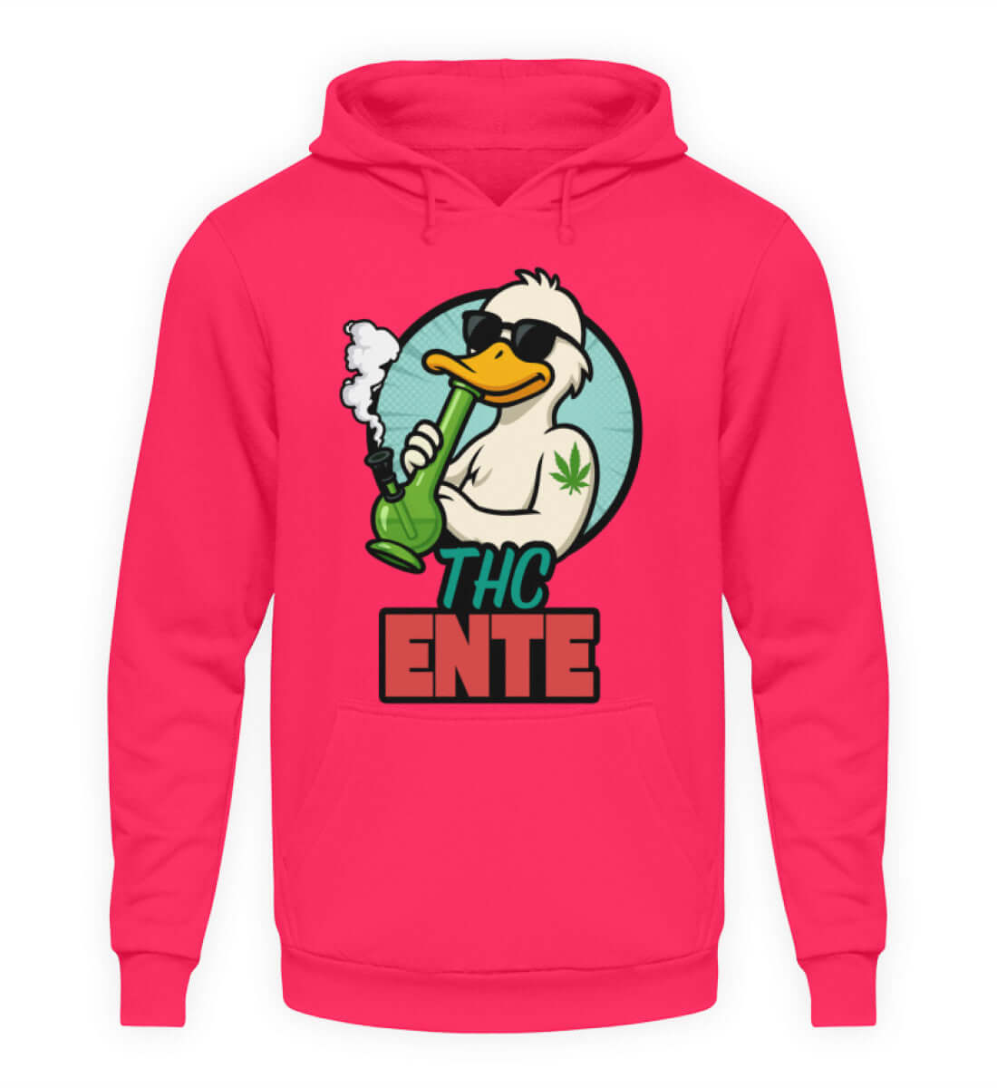 Pinker THC Ente Pullover mit Bong und breitem Grinsen