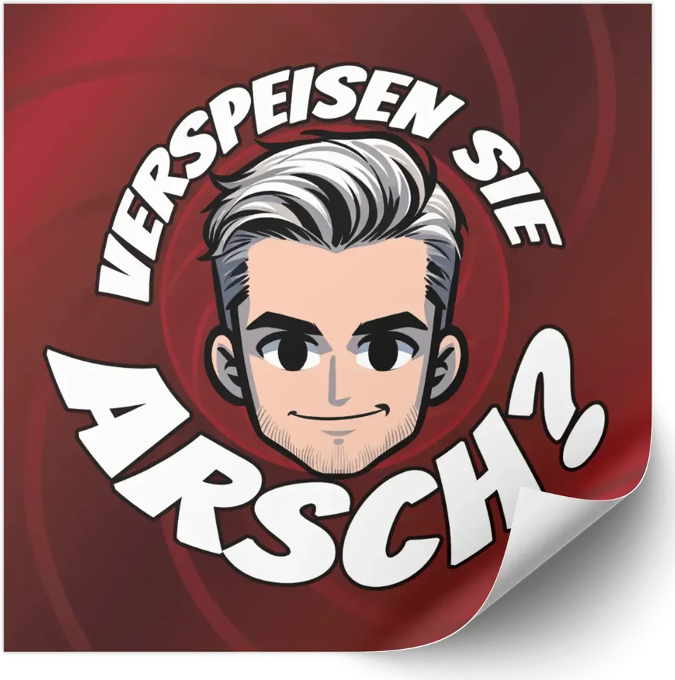 Quadratischer Aufkleber mit frechem Spruch verspeisen sie arsch und stilisiertem Gesicht auf rotem Hintergrund