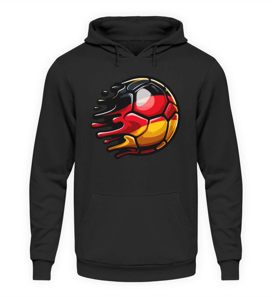 Schwarzer Herren Hoodie mit stylisiertem Fußball und Deutschland-Farben, perfekt für sportliche Looks.