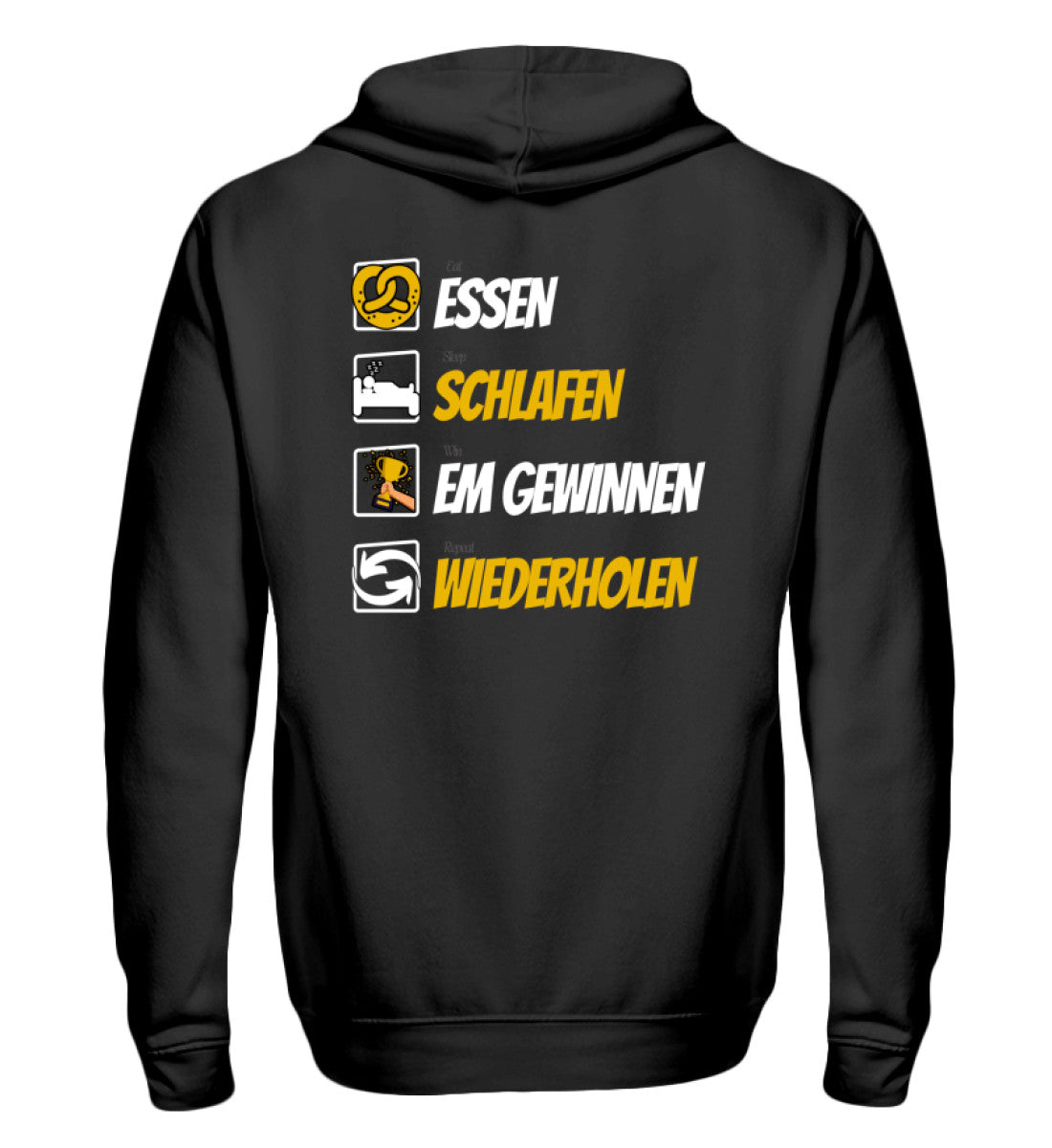 Deutschland Fan Zip Hoodie Herren in schwarz mit Aufdruck: Essen, Schlafen, EM Gewinnen, Wiederholen.