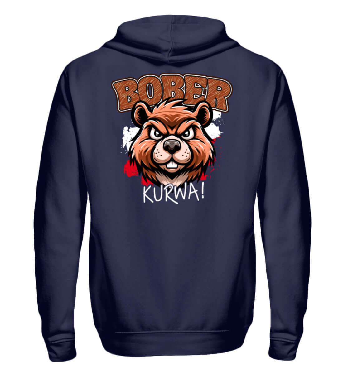 Bober Kurwa Zip-Hoody featuring a bear graphic design on a navy background, soft cotton, and polyester blend.