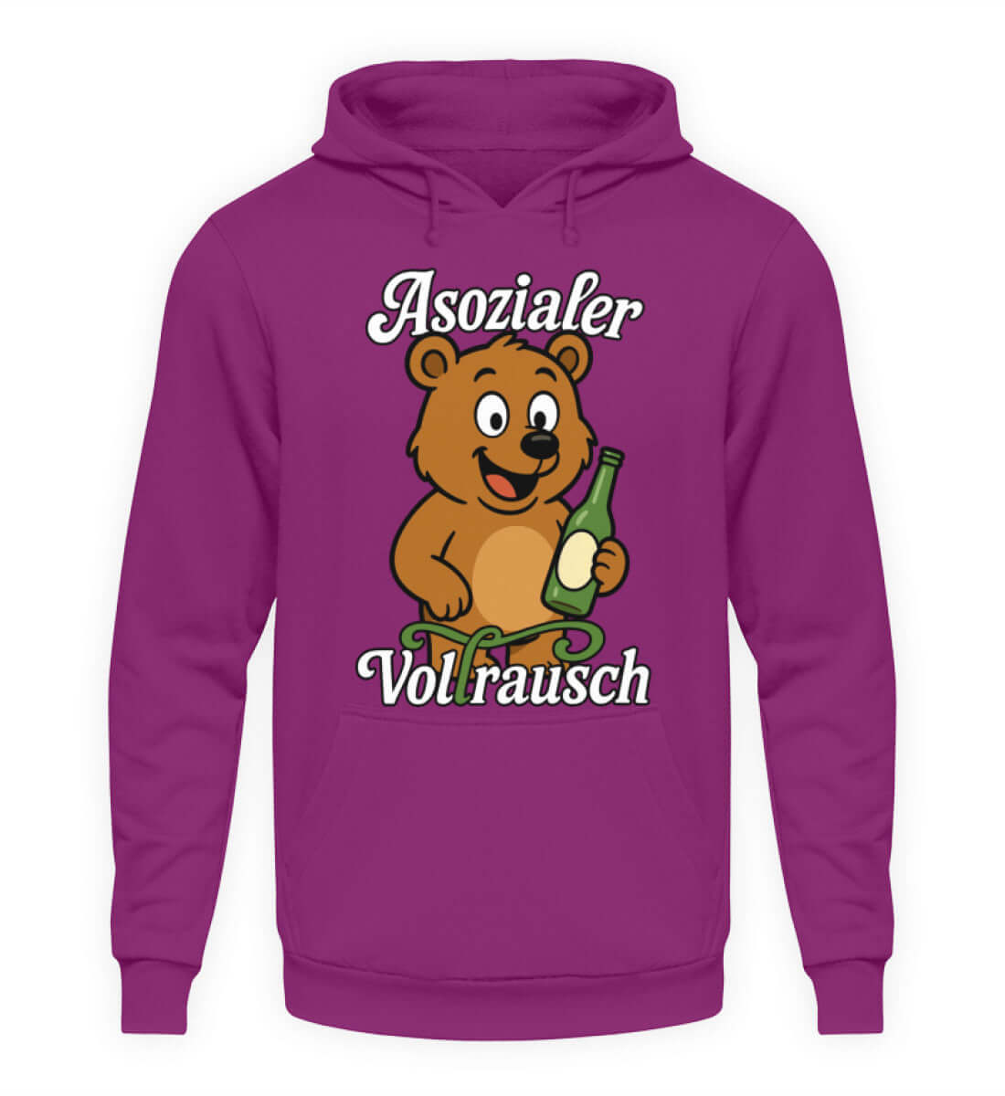 Asozialer Vollrausch Herren Hoody in lila mit frechem Cartoon-Bären und Flasche für Partyfreunde.