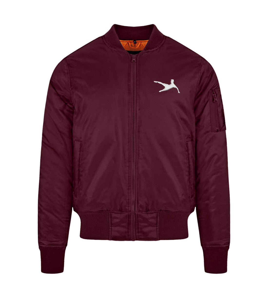 Bomberjacke in Bordeaux mit weißem Air-Move-Symbol, stilvoll und auffällig
