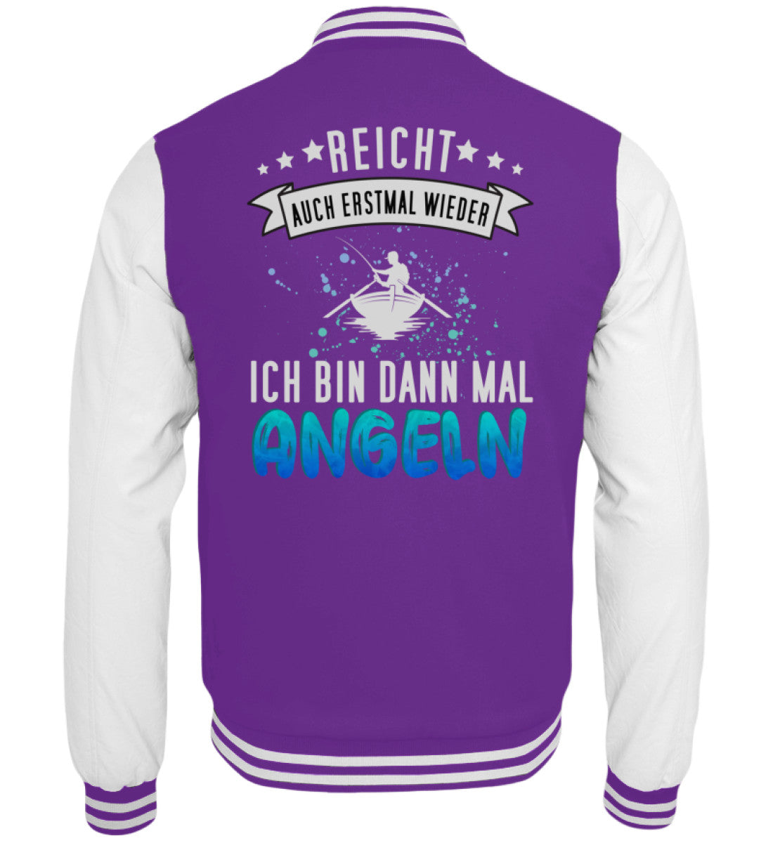 Lila Collegejacke mit humorvollem Aufdruck für Angler und Freizeitfischer