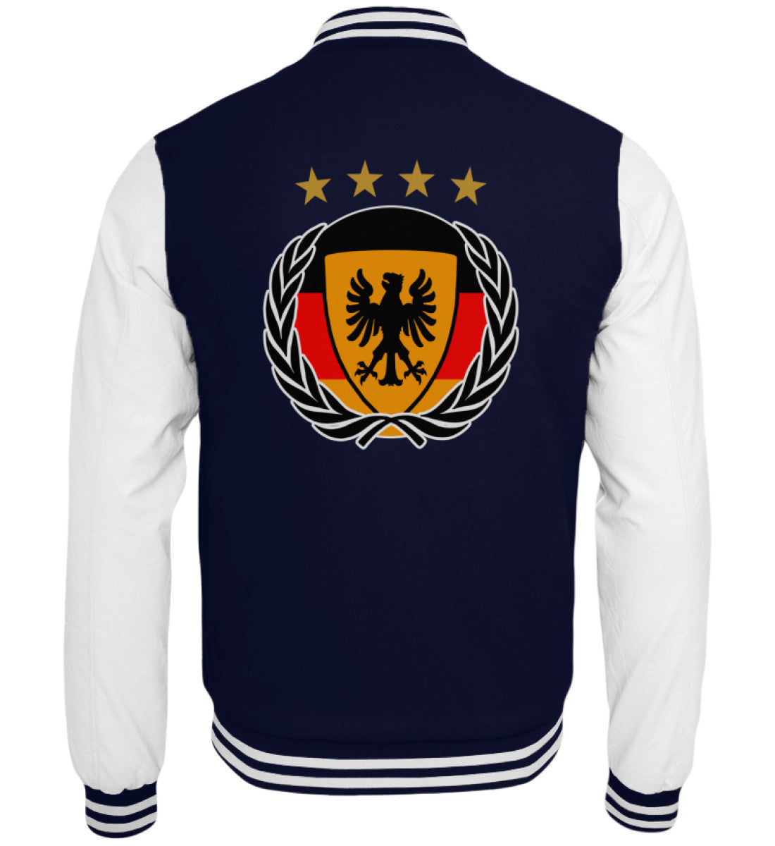 Navy-weiße Collegejacke mit gold-rotem Fußball-Wappen und schwarzen Adlern