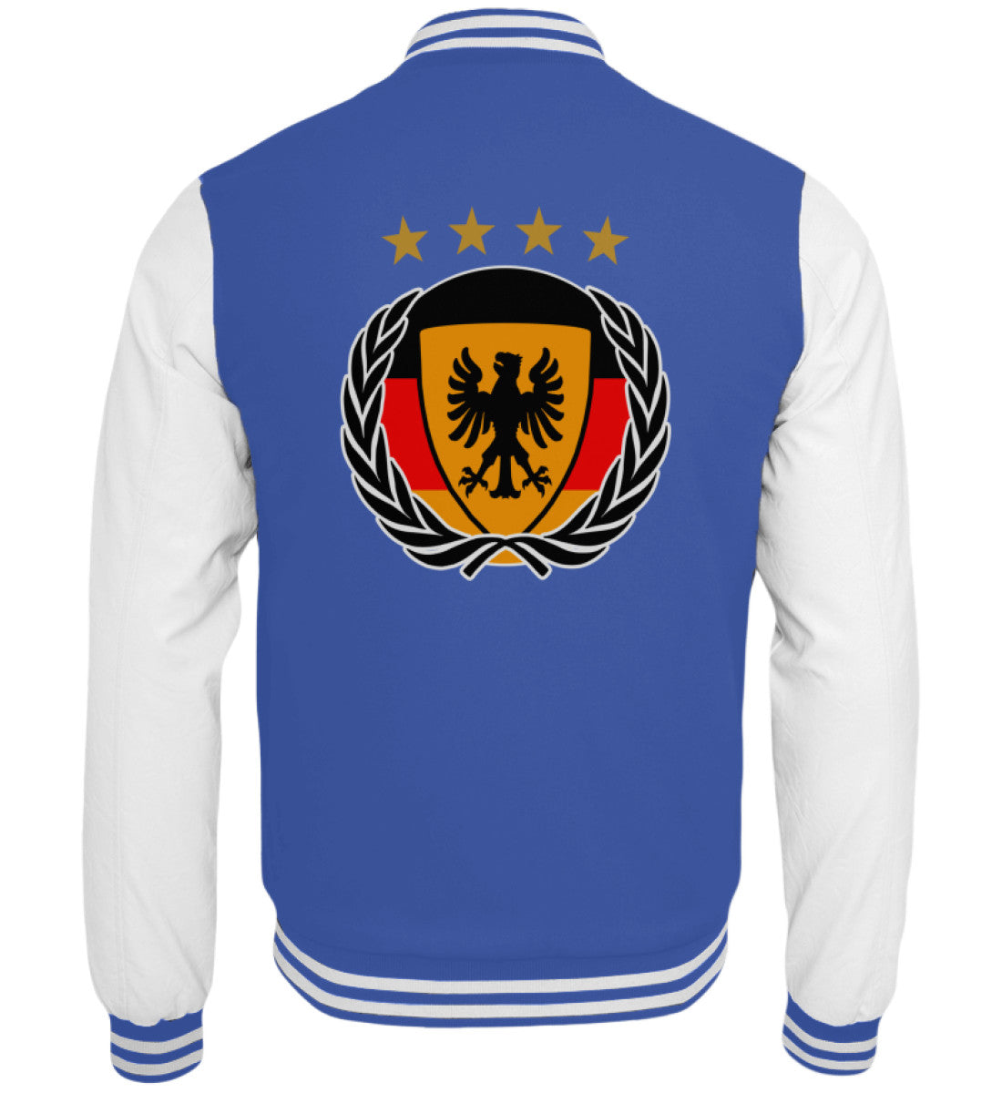 Royalblaue Collegejacke mit Adler-Emblem und Fußballsymbolik auf dem Rücken