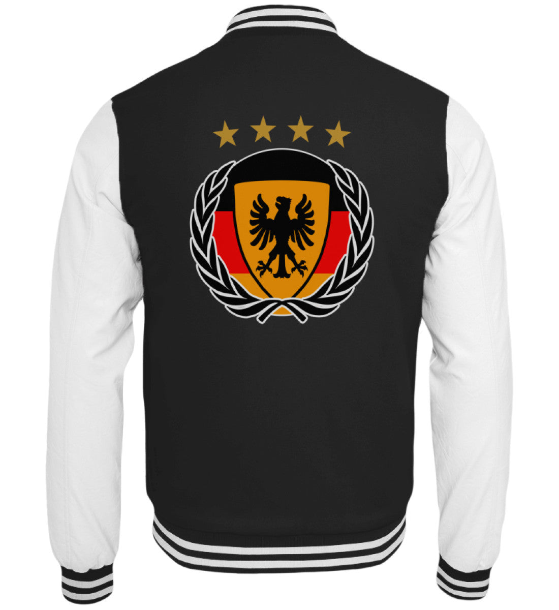 Schwarze Collegejacke mit Fußball-Wappen in Deutschlandfarben und vier Sternen