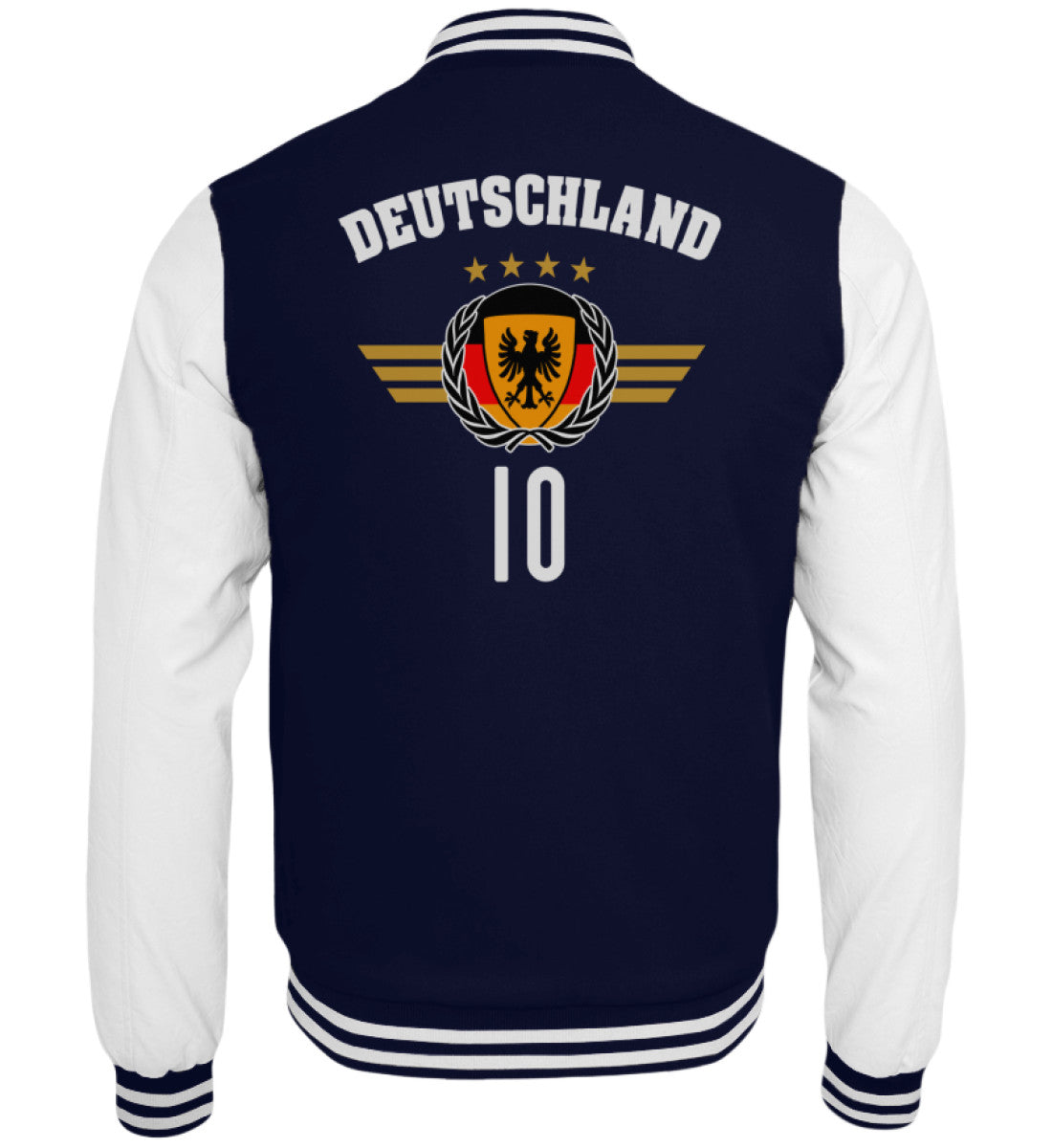 Navy-weiße Collegejacke mit Fußball-Wappen und Nummer 10 auf dem Rücken
